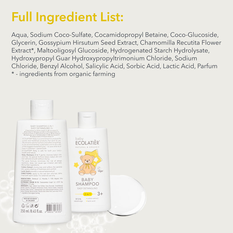 [Australia] - Baby Shampoo & Body Wash 2-in-1 Gentle, Hypoallergenic, and Tear-Free kids shampoo - Cotton Extract& Lactic Acid for Easy Detangling - Kids shampoo and conditioner 3+ - 8.5 Fl Oz 