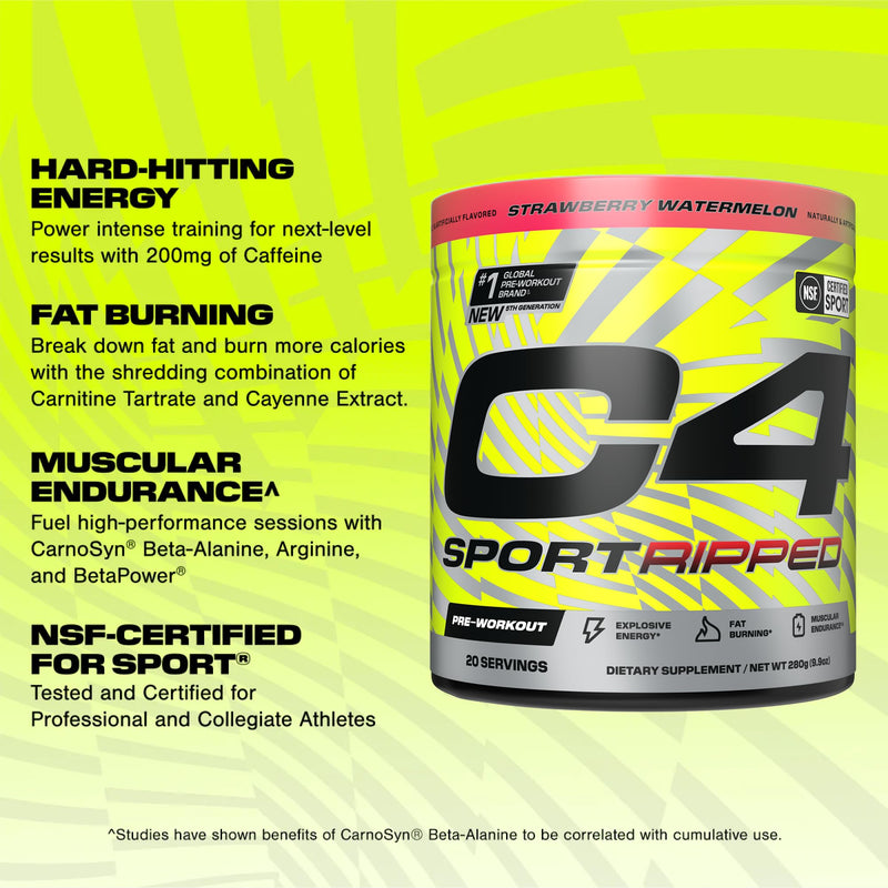 [Australia] - Cellucor C4 Ripped Sport Pre Workout Powder - NSF Certified for Sport - 200mg Caffeine + Cayenne Extract + Carnitine Tartrate + Beta-Alanine - Strawberry Watermelon, 20 Servings 9.88 Ounce (Pack of 1) 