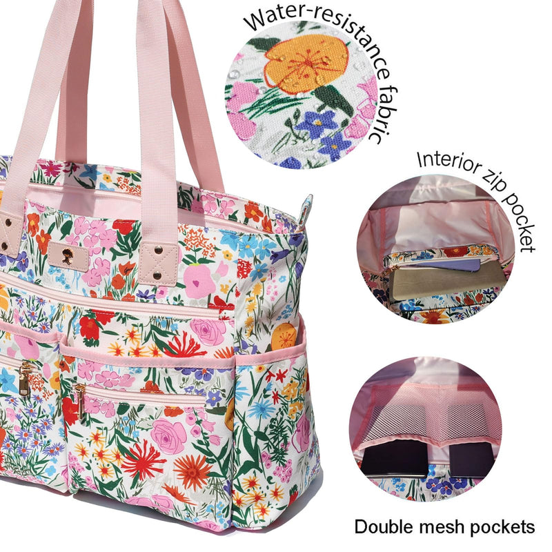 Weekender Bag Carry On Bag Overnight Tote Travel Duffle with 13 Pockets for Travel,Work，Gym,Beach,Teacher,Nurse Pink flower