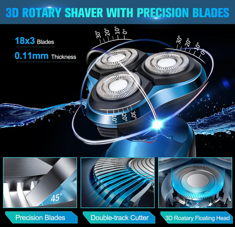 Electric Razor for Men, Cordless 3D Rotary Head Shavers for Men Face, Wet/Dry Waterproof, LED Display, Ideal Gift for Husband/Dad/Boyfriend (Blue) A2-blue