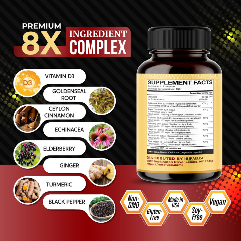 [Australia] - Goldenseal Root 8-in-1 Formula - with Cinnamon Ginger Echinacea Elderberry Black Pepper Vitamin D3 - Non-GMO, Gluten-Free, Soy-Free 150 count (pack of 1) 