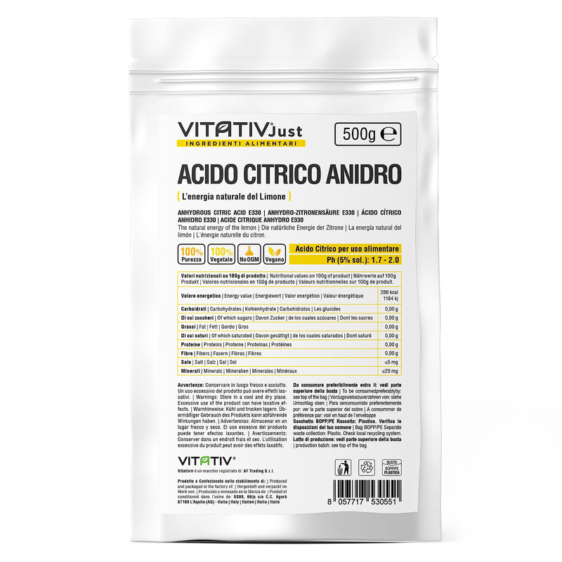 [Australia] - VITATIV - Citric acid, anhydrous, 100% pure - 500 g - food grade - preservative ideal for pastries and kitchen - acidulant in powder form for drinks and jams 