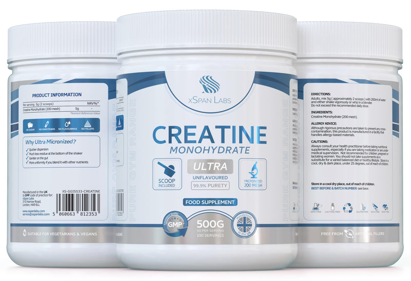 Creatine Monohydrate Powder 500g – Ultra Micronized 200 Mesh for Superior Absorption - Pure, Unflavoured Creatine Mono Powder - Vegan-Friendly & UK Made - 100 Servings of 5g
