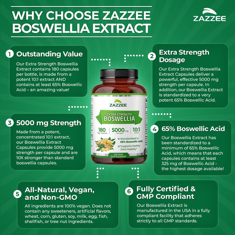 [Australia] - Zazzee Extra Strength Boswellia Serrata 10:1 Extract, 5000 mg Strength, 65% Boswellic Acid, 180 Vegan Capsules, 6 Month Supply, Standardized 10X High Potency, 100% Vegetarian, All-Natural, Non-GMO 