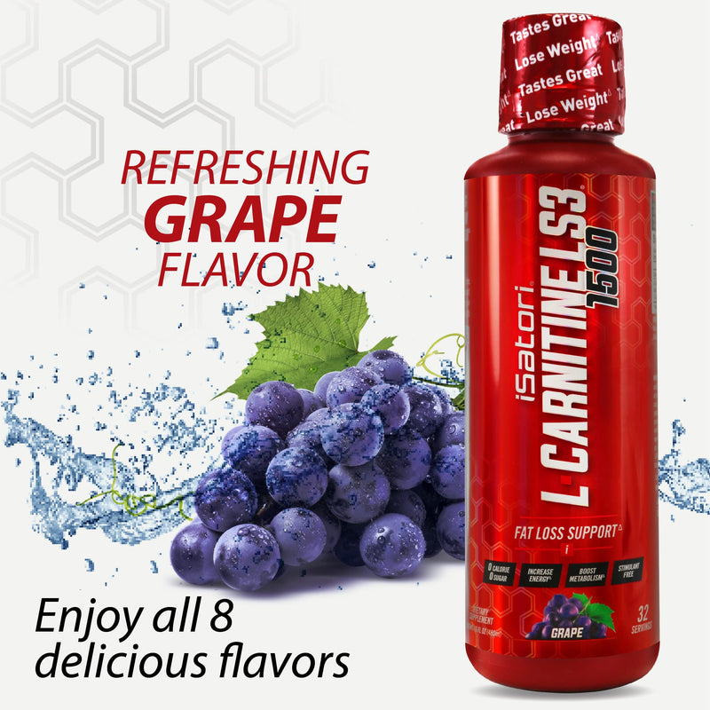 [Australia] - iSatori L-Carnitine LS3 1500, Liquid L-Carnitine with Acetyl L-Carnitine, L-Carnitine L-Tartrate, Stimulant Free Pre Workout, No Calories, Sugar, Gluten, Keto-Friendly, Grape Flavor (32 Servings) 
