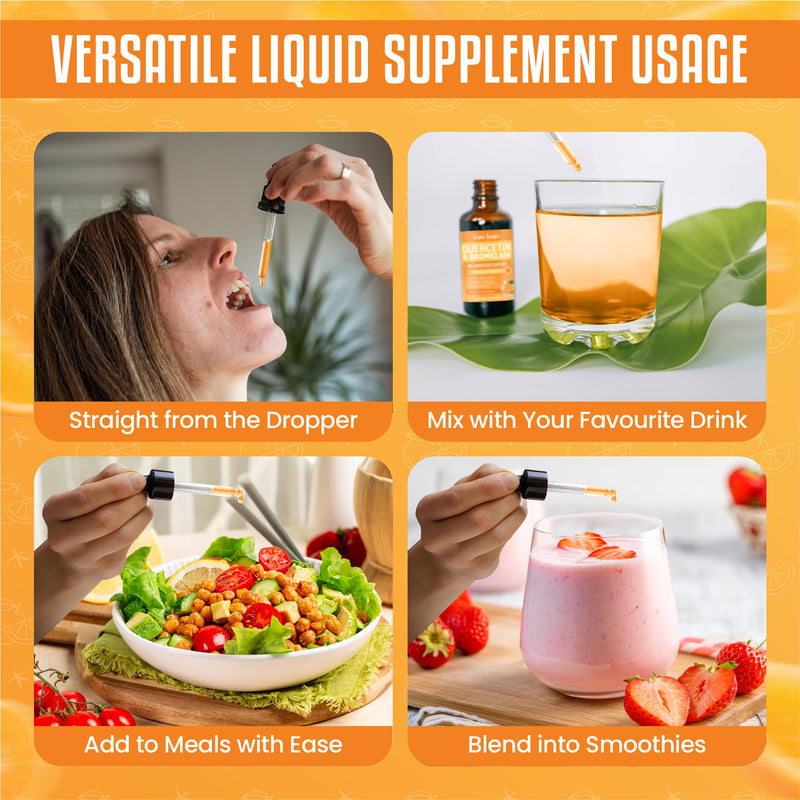 Quercetin Liquid Drops 60ml - High Strength 500mg Per Serving Bromelain Drops - Antioxidant Quercetin Supplement for Absorption - Fast Absorbing Polyphenol Querctin Complex - Orange Flavour
