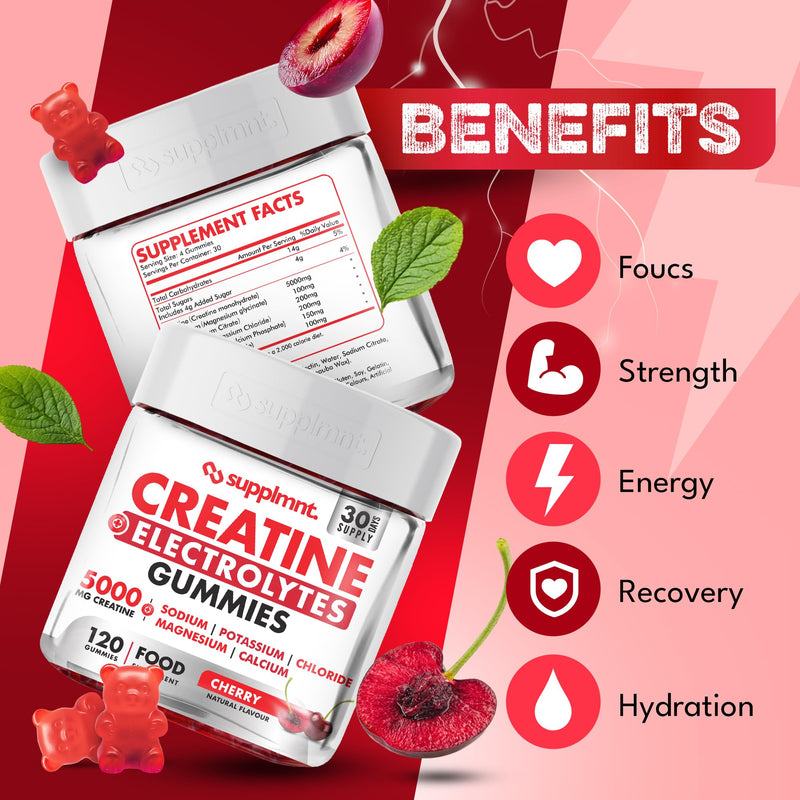 Supplmnt. Creatine Gummies with Electrolytes, 5000mg Creatine Monohydrate, Cherry Flavour, 120 Gummies, Vegan, Gluten-Free, Non-GMO, Food Supplement, 30-Day Supply