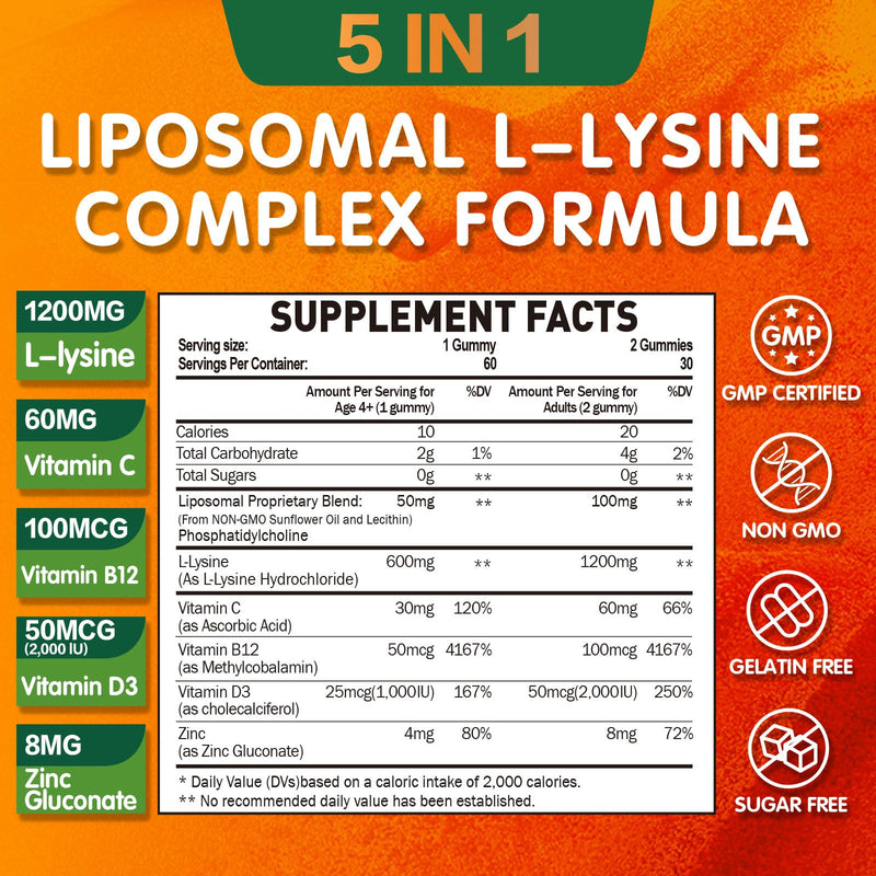 [Australia] - Liposomal L-lysine Gummies 1200mg, Lysine Chewable Supplement with Vitamin C, D3, B12 & Zinc for Adults & Kids, Immune & Collagen Support, Lips & Skin Health, Vegan, Natural Fruit Flavor, 60CT 