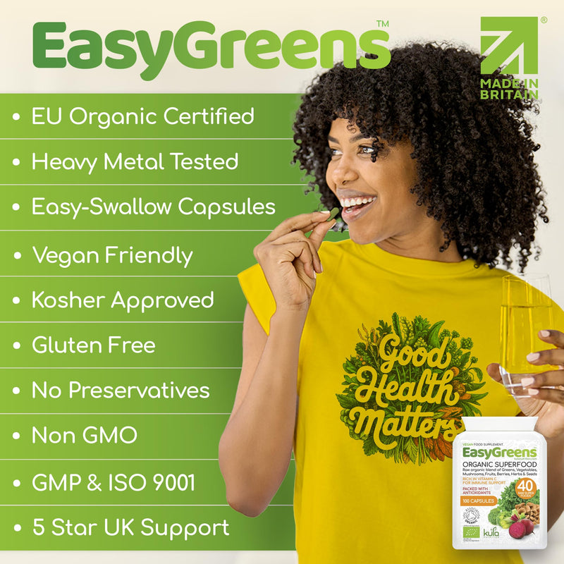 EasyGreens - Organic Greens Superfood Capsules – 100 Vegan Capsules - Soil Association Certified Natural Vitamin and Mineral - 40 Raw Greens, Fruits, Vegetables, Mushrooms, Sprouts, Seeds and Herbs