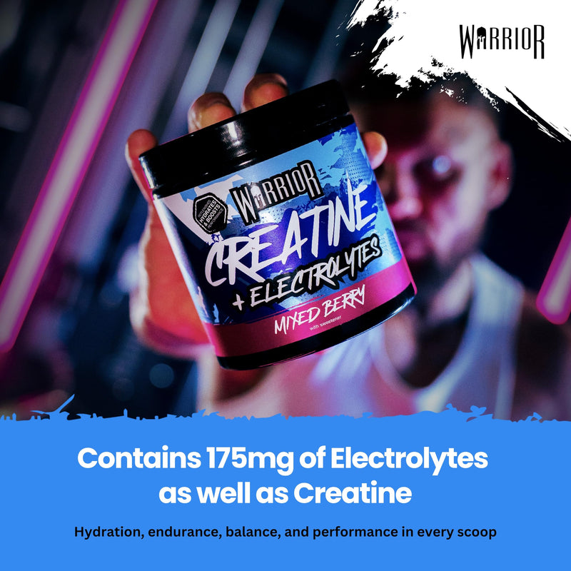 Warrior Creatine Monohydrate + Electrolytes 360g (112 Servings) – Creatine & Electrolyte Powder Drink – Micronised Creatine Powder for Strength, Performance & Hydration – Mixed Berry | 112 Servings, Micronised Creatine Powder, For Strength, Performance...