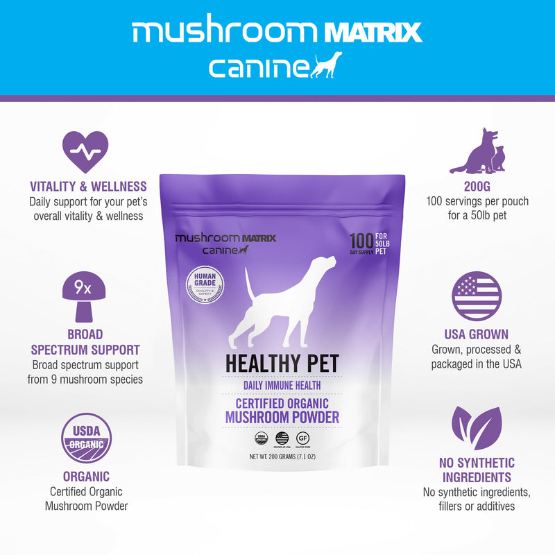 Om Mushroom Matrix Pet - Canine | Healthy Pet | Daily Functional Immune Support for Dogs & Cats | USA Grown Human-Grade Organic Mushroom Powder Pet Supplement | 200 Grams, 7.1 oz 200 gram pouch - PawsPlanet Australia