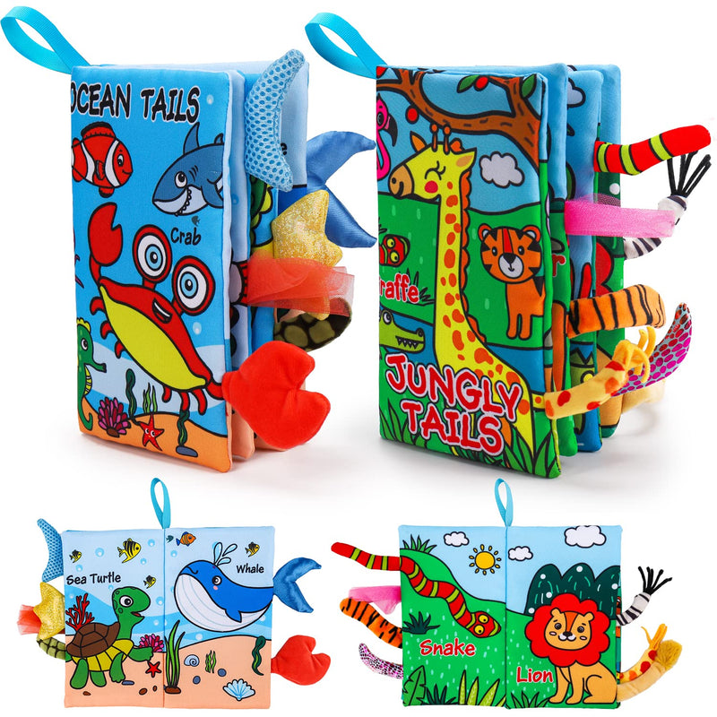 2 PCS Soft Cloth Baby Books 0-6 Months High Contrast Sensory Baby Toys 6 to 12 Months Crinkle Touch Feel Teething Carseat 9 18 Month Travel Essentials Tummy Time Infant 0-3 Months Newborn Shower Gift Marine & Jungly Animals