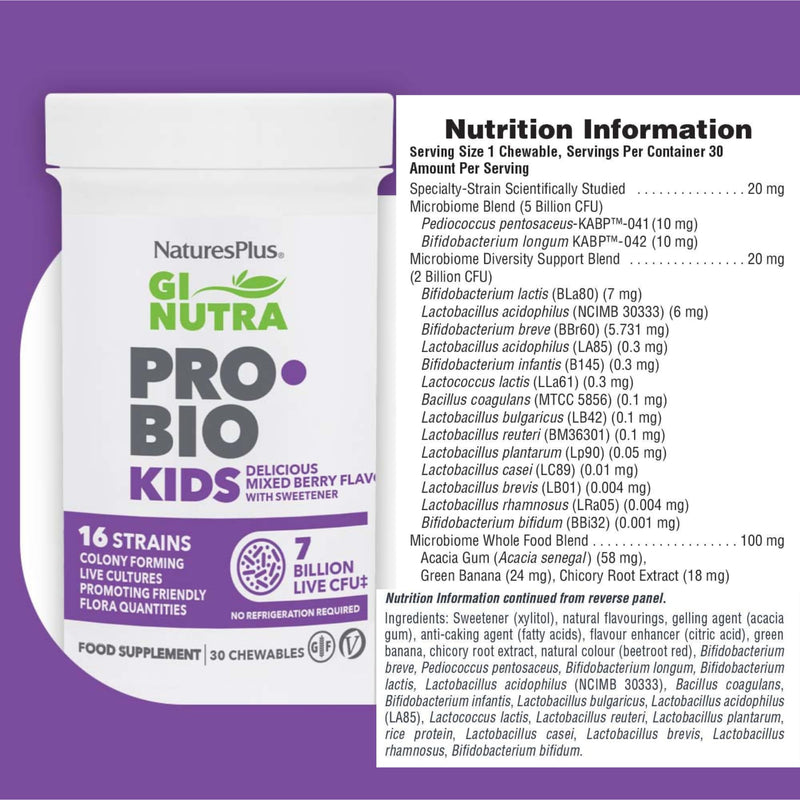 NaturesPlus GI NUTRA Pro Bio Kids Chewable Tablets - 7 Billion Probiotics with 16 Live Strains, L Acidophilus, B. Longum and Prebiotics Fibre Complex - Vegan, Gluten Free, Berry Flavour - 30 Tablets