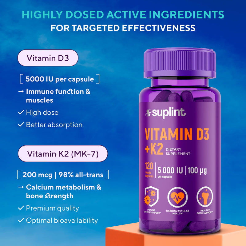 Vitamin D3 K2 1000 IU per Day – 120 Vegan Capsules – 100µg Vitamin K2 ≥ 98% All-Trans MK-7 – High Strength Vitamin D3 – Lab Tested – for Women and Men – Non-GMO, Gluten Free 120 count (Pack of 1)
