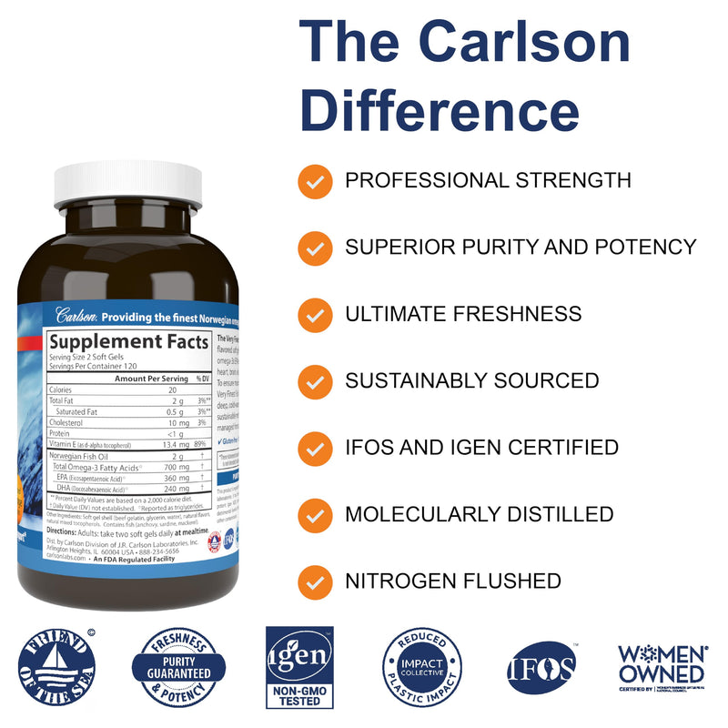 Carlson The Very Finest Fish Oil, 700 mg, Omega-3s, Orange, 240 Softgels | Norwegian Fish Oil Supplement; Wild Caught Omega-3 Fish Oil; Sustainably Sourced Fish Oil Capsules; Omega-3 Supplement 240 Count (Pack of 1)