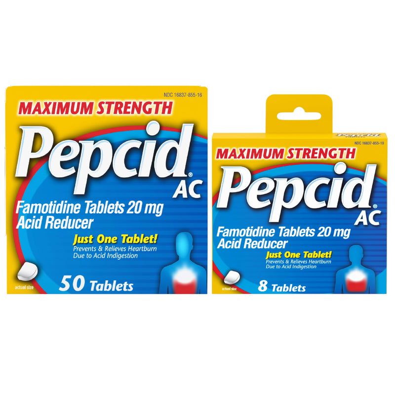[Australia] - Pepcid AC Maximum Strength Heartburn Relief Tablets, 20mg Famotidine Acid Reducer, Fast-Acting OTC Medicine Prevents & Relieves Heartburn Due to Acid Indigestion, 8-Count Travel Pack & 50-Count Bottle 