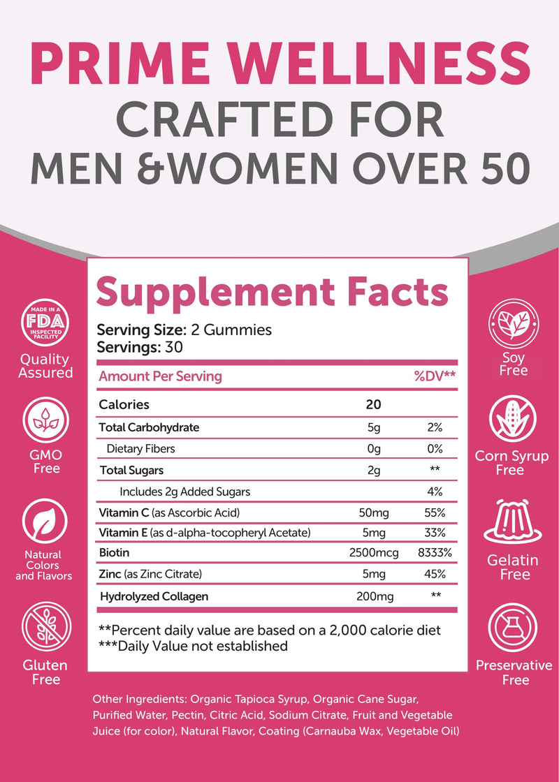 Lunakai USA Made Collagen Gummies for Women & Men Over 50, Biotin & Vitamin C, Supports Skin Elasticity, Hair & Nail Strength, Joint Support, 60ct Single Bottle