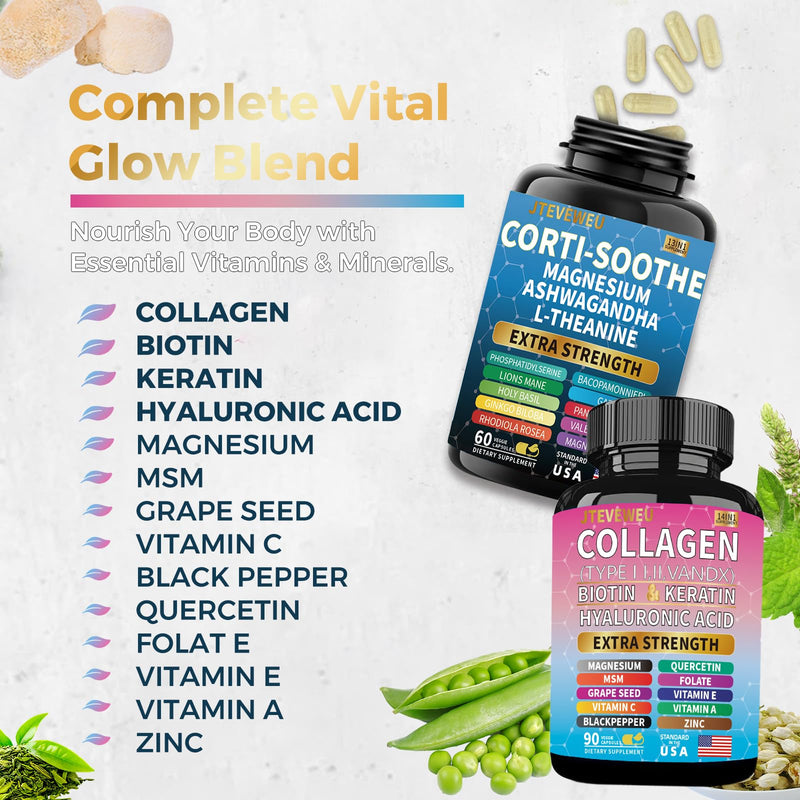 Shining Serenity Set, Cortisol Support with Ashwagandha, L-Theanine, Magnesium, Lions Mane, GABA, Bacopa Monnieri, Collagen Biotin, Keratin, Hyaluronic Acid, Quercetin