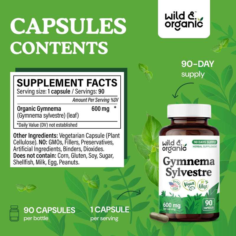 [Australia] - Wild & Organic Gymnema Sylvestre Capsules 600 mg - Overall Support - Gymnema Sylvestre Supplements - Gurmar Leaf Powder - 90 Days of Supply - Vegan, No Fillers, Non-GMO - 90 Count 