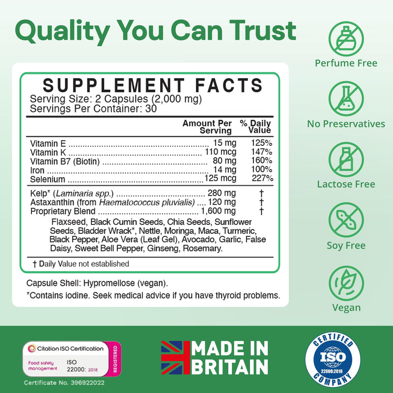 Strength & Spices Hair, Skin & Nails 100% Natural Supplement – 20 Ingredients w Biotin Selenium & Zinc - 60 Vegan UK Made 1000mg Capsules