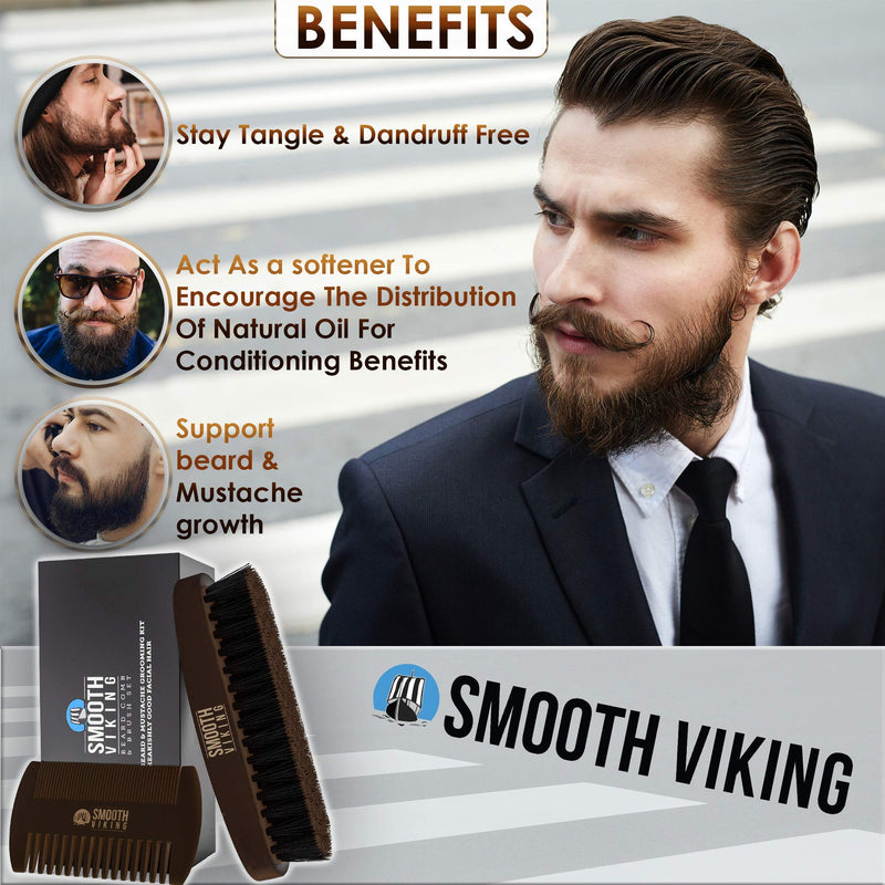 [Australia] - Smooth Viking Beard Brush & Comb Gift Set for Men - Natural Boar Bristle Hair Brush & Wooden Comb, Boar Brush for Facial Hair Styling, Grooming & Beard Shaping Tool, Men Hair Products - Brown 