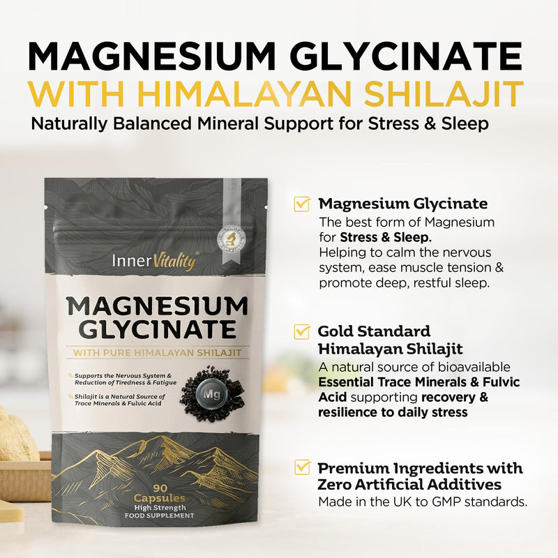 Magnesium Glycinate 1200mg + Shilajit Minerals for Sleep, Relaxation & Natural Energy, 2-in-1 High Strength Supplement - 90 Capsules Mineral Support Made in UK by Inner Vitality