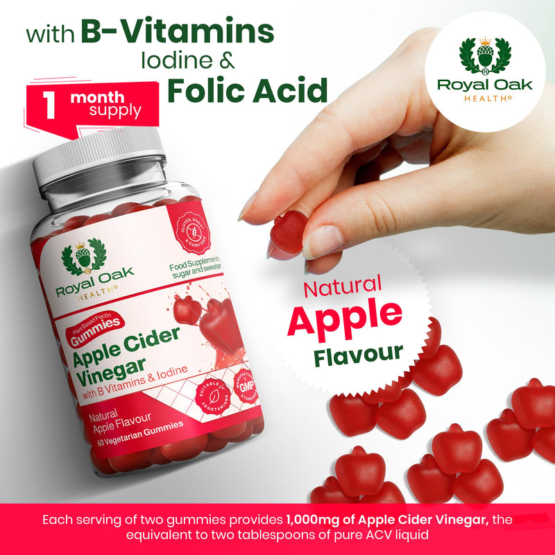 Apple Cider Vinegar 1,000mg ACV Gummies with Vitamin B6, B12, Folic Acid & Iodine | Energy & Metabolism Support | UK Made by Royal Oak Health Apple Cider Gummies
