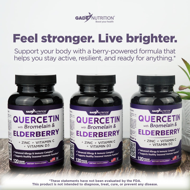 Gade Nutrition Quercetin with Bromelain Elderberry Vitamin C and Zinc | Sambucus Immune Support Supplement 500mg Capsules | Gluten-Free | Made in USA | 4 Month Supply 120 Count (Pack of 2)