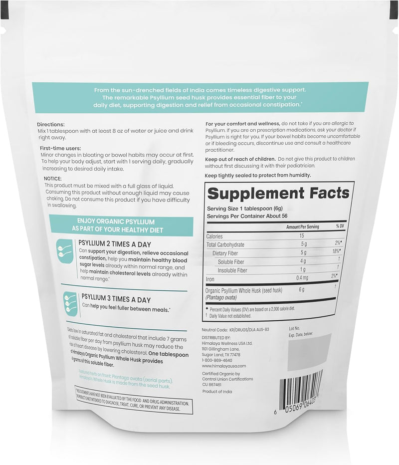 [Australia] - Himalaya Organic Psyllium Whole Husk, Natural Daily Fiber Supplement, Regularity, Appetite Management, USDA Certified Organic, Non-GMO, 56-Tablespoon Supply, Unflavored, 12 Oz 56 Servings (Pack of 1) 