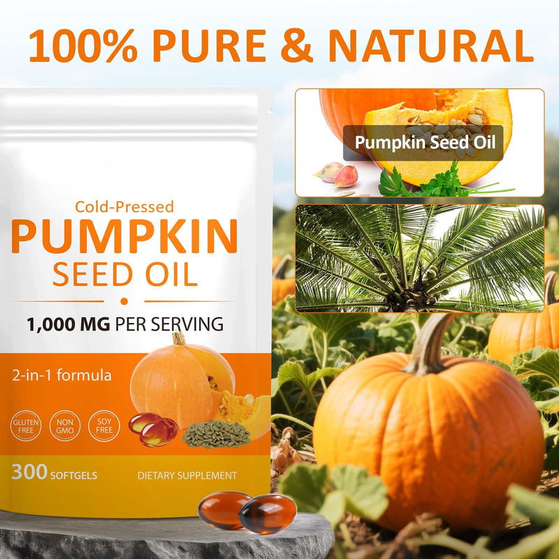 Pumpkin Seed Oil Capsules,100% Natural Cold Pressed,1000MG Pumpkins Seed Oil,2 in 1 Pumpkins Seeds Oils for Hair Growth,Non-GMO,Gluten Free,300 Softgels