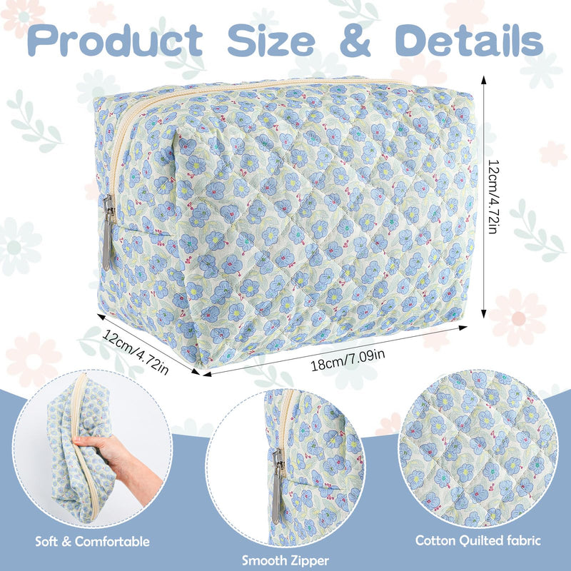 6 Pcs 8 Inch Large Quilted Makeup Bag Bulk Floral Cosmetic Bag Bridesmaid Gifts Women Floral Cotton Quilted Pouch Travel Toiletry Coquette Aesthetic Makeup Organizer for Women