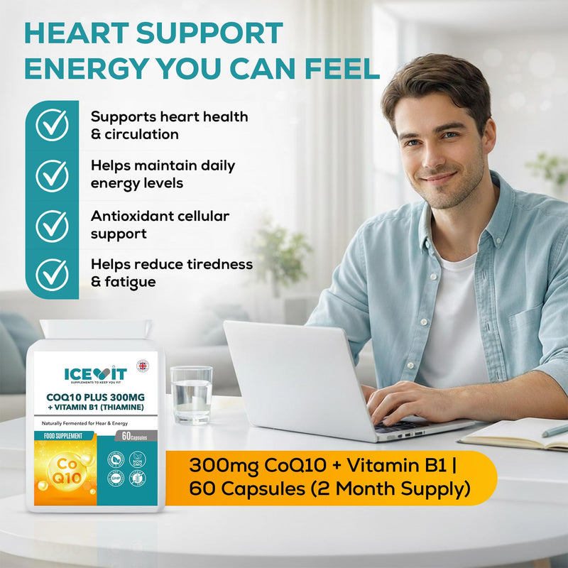 CoQ10 300mg with Vitamin B1 (Thiamine) – 60 Vegan Capsules – High Strength Coenzyme Q10 Food Supplement – Energy Metabolism Support – Made in UK