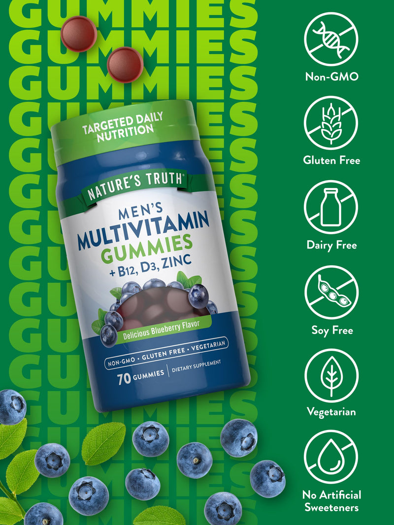 Nature's Truth Men's Multivitamin Gummies | 70 Count | with B12, D3 & Zinc | Blueberry Flavor | Vegetarian, Non-GMO and Gluten Free Supplement