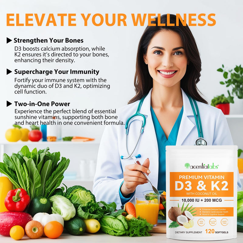 Premium Vitamin D3 & Vitamin K2 (MK-7) 120 Virgin Coconut Oil Softgels, 2 in 1 Vitamin D3 K2 Supplement Support Immune, Bones & Muscle Health, Easy to Swallow and Absorb | Gluten Free