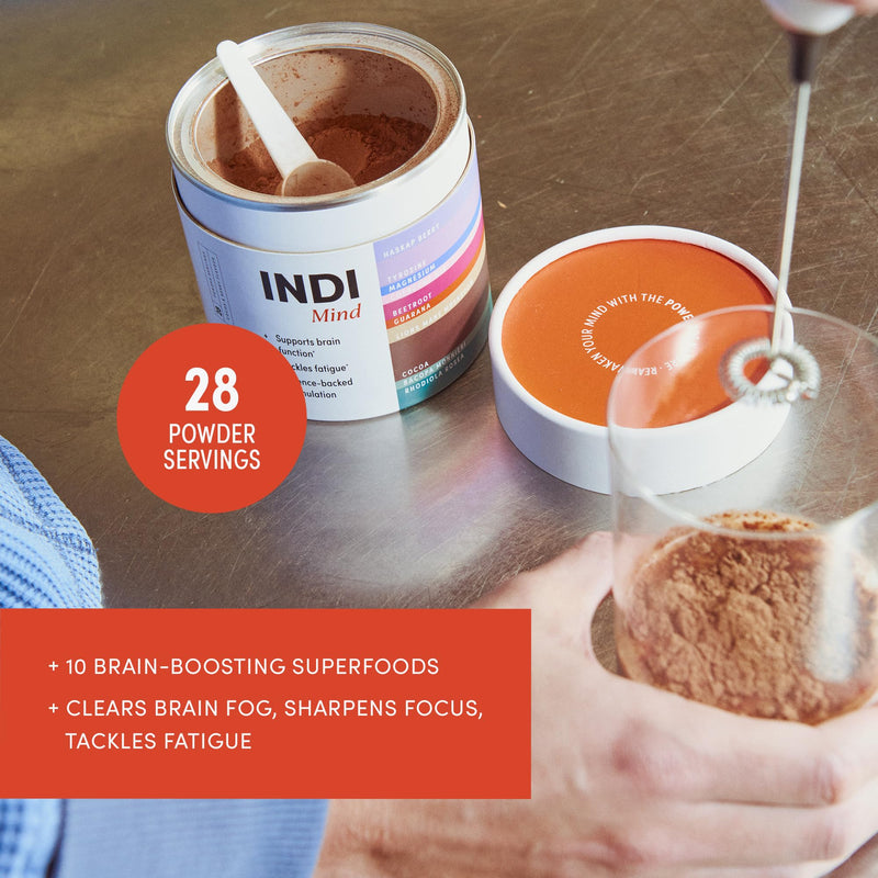 INDI Lion's Mane Mushroom Powder Supplement – Nootropic Brain Support for Focus & Mental Clarity – 15:1 Extract with Magnesium, CoQ-10 & Rhodiola – Chocolate Flavour, Vegan & Made in UK – 28 Servings 170 g (Pack of 1)