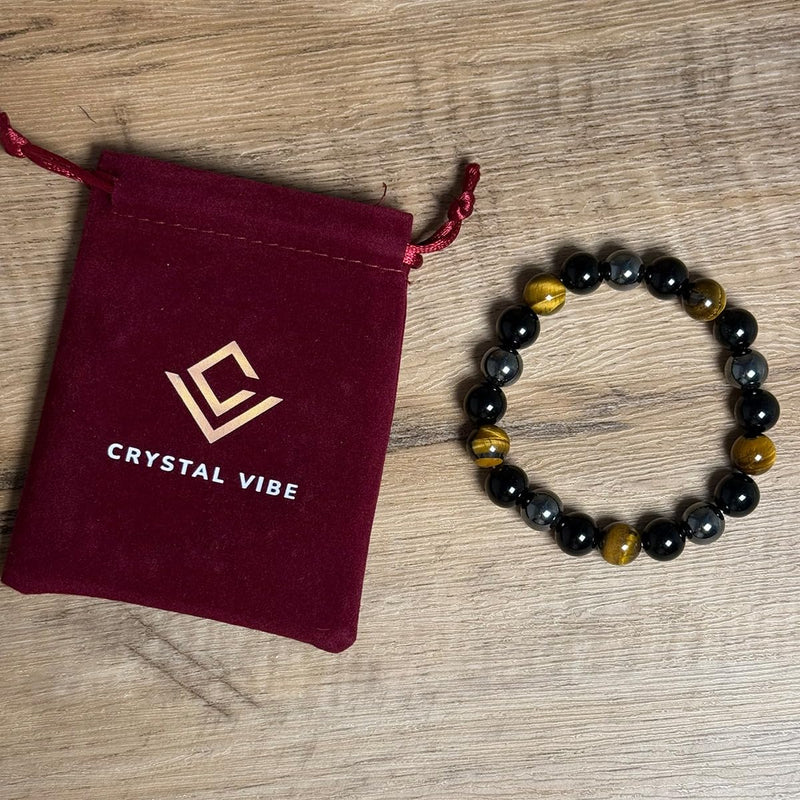 [Australia] - Crystal Vibe Triple Protection Bracelet - 8mm Beaded Bracelet for Women Men - Natural Stones of Tiger Eye, Hematite, Black Obsidian - Healing Crystal Bracelet for Anxiety Relief - Adjustable Size 