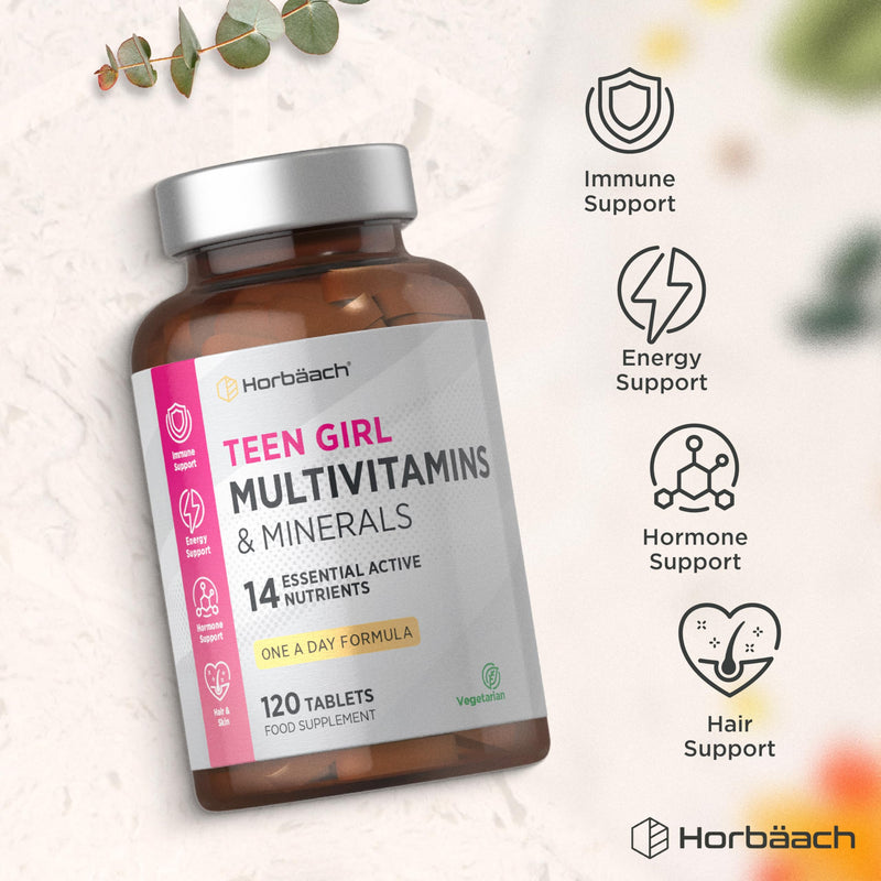 Multivitamin Tablets for Teen Girls | 120 Count | 14 Essential A-Z Vitamins and Nutrients | with Iron, Vitamin B12, Folic Acid and Magnesium | Vegetarian | By Horbaach