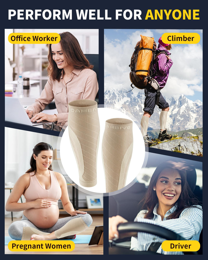 CAMBIVO 3 Pairs Calf Compression Sleeves for Men & Women, Footless Compression Socks for Shin Splints, Pain Relief Small-Medium Beige