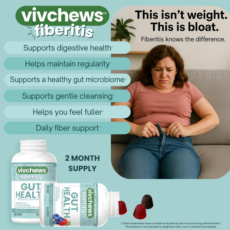 Gut Health Gummies – Prebiotic Fiber for Bloating Relief, No Sugar Added, Non-GMO, Fruit Pectin Based, Gluten-Free, No Artificial Colors, Flavors or Sweeteners, 2 Month Supply