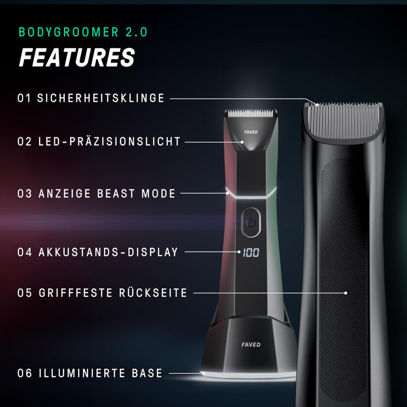 [Australia] - FAVED The Bodygroomer 2.0 intimate razor & body hair trimmer with revolutionary safety blade for men, 120 min power, shower-proof, LED light, beast mode - from Germany 