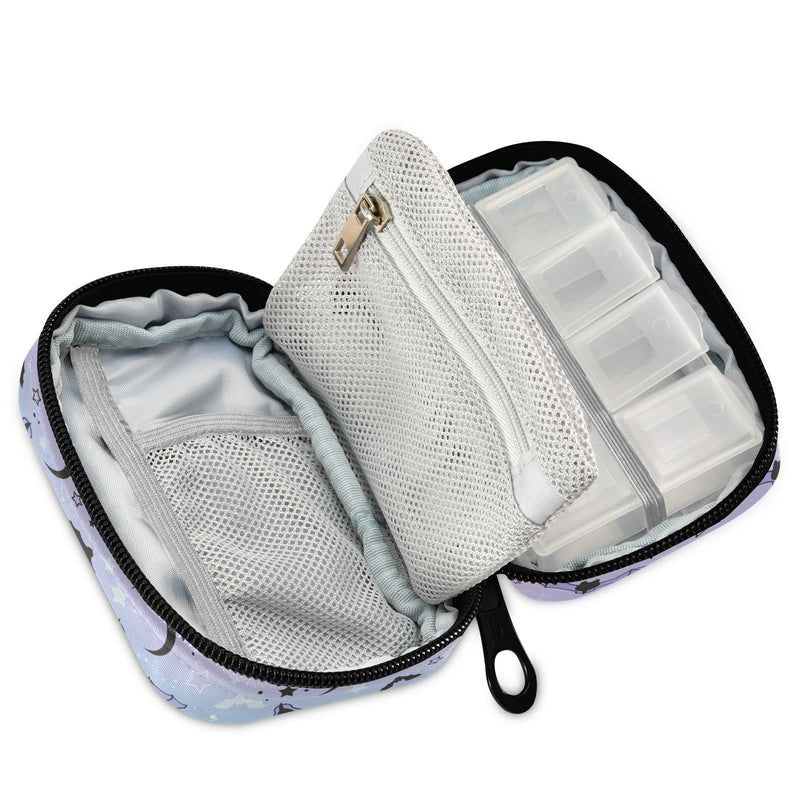 Purple Bat Moon Travel Pill Organizer Bag | With Zipper 7 Day Portable Weekly Medicine Box Case & Vitamin Supplement Dispenser Pouch for Men Women Color #06