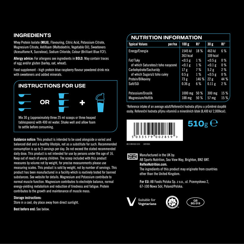 Reflex Nutrition Clear Whey Isolate Protein Powder - High Protein (22g), Low Fat, Low Sugar - Muscle Growth & Hydration - Juicy, Light and Refreshing - No Frothing (Blue Raspberry, 510g, 17 Servings)