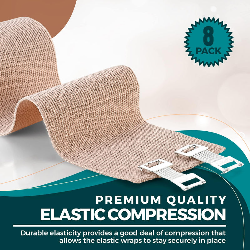 MEDca Elastic Compression Bandage Wrap - First Aid Bandages Roll Measures 2", 3", 4", 6" x 5 Ft with 4 Extra Hooks - Athletic Sports Stretch Wraps for Ankle, Wrist, Arm & Leg Sprains (Pack of 8) 2, 3, 4, 6 Inch (2 Each)