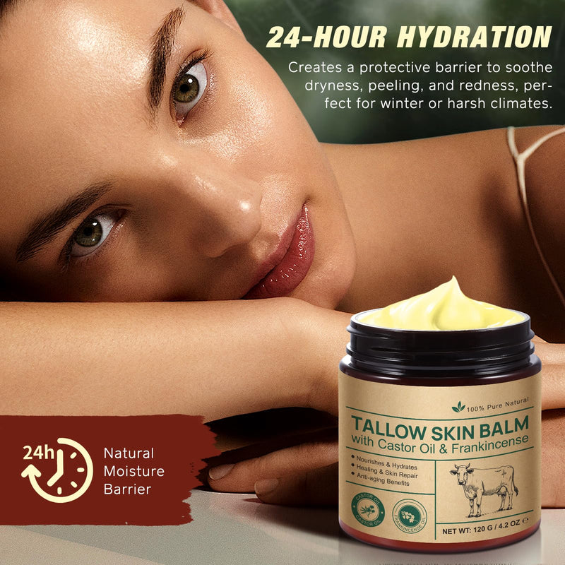 2 Pcak Beef Tallow Cream with Castor Oil and Frankincense, 100% Grass-Fed Tallow for Skin Care, Face & Body Moisturizer for Skin, Sensitive Skin & Dry Skin Age Defying, Eczema All-Purpose Balm Beef Tallow with Frankincense 2 Pack