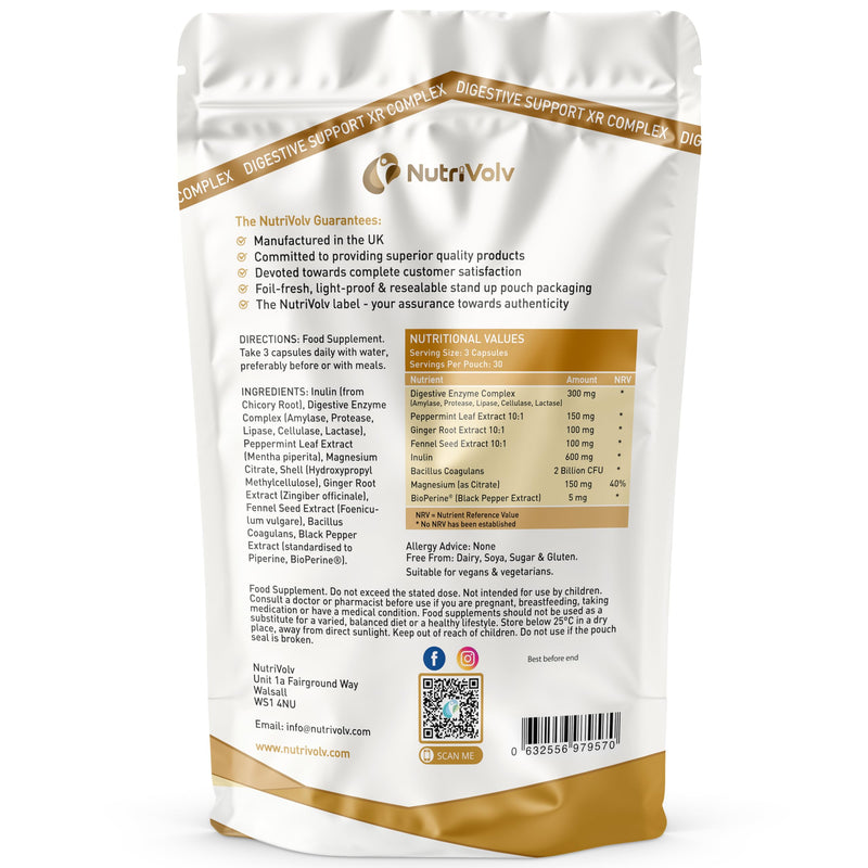 Digestive Support XR Complex | 90 Vegan Capsules | Premium Digestive Enzyme & Fibre Blend | Digestive Balance, Bloating Comfort & Gentle Gut Movement | Peppermint, Ginger & Probiotics | by NutriVolv