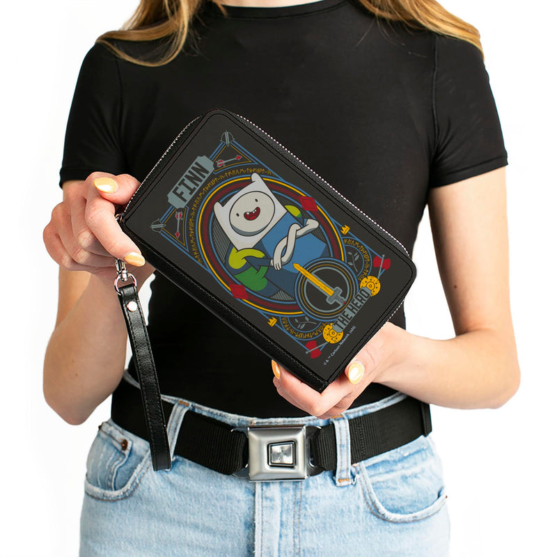 Buckle-Down Adventure Time Vegan Leather Zip Around Wallet | Adventure Time Finn the Hero Pose and Sword Icon Black/Multi Billfold Credit Card and ID Slots