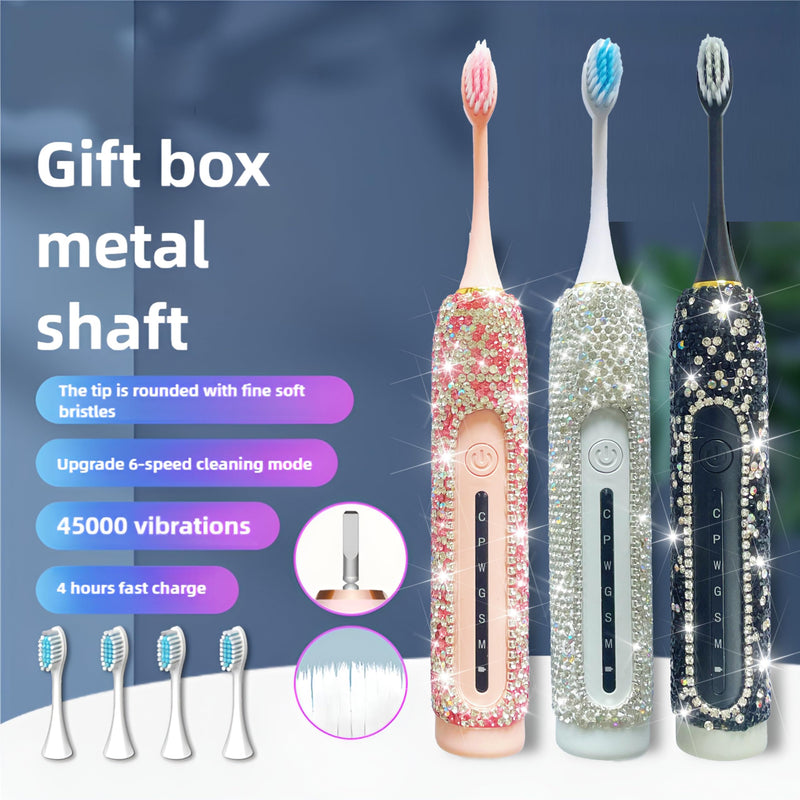 Electric Toothbrush for Woman Silver Bling Diamond Decor Portable Travel Essentials for Women White Toothbrush with 3 Replacement Heads 6 Modes