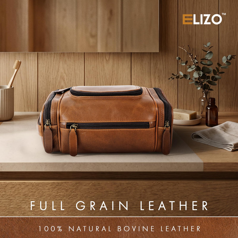 Real Leather Toiletry Bag for Men - Large Hanging Travel Organizer for Toiletries, Ideal for Dopp Kit & Shaving Kit for Men, Essential Mens Travel Toiletry Bag for Toiletries (Cognac)