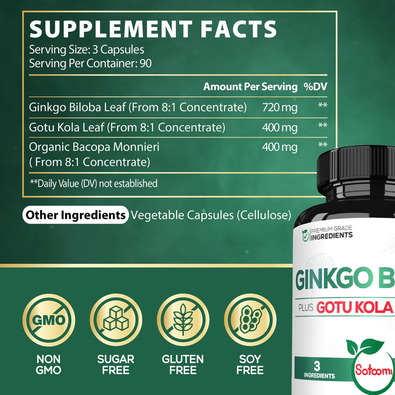 [Australia] - 1520mg Ginkgo Biloba Supplements with Gotu Kola Leaf, Bacopa Monnieri - 270 Capsules - Extra Strength Support for Brain Health, Memory Function, Focus & Vision Quality - 3 Month Supply 270 Count (Pack of 1) 