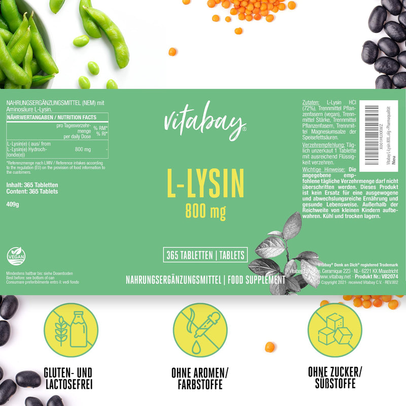 [Australia] - Vitabay Lysine High Dose 800 mg - 365 L-Lysine Tablets Vegan & Laboratory Tested - Essential Amino Acid Lysine Capsules - No Unwanted Additives 365 Pieces (Pack of 1) 